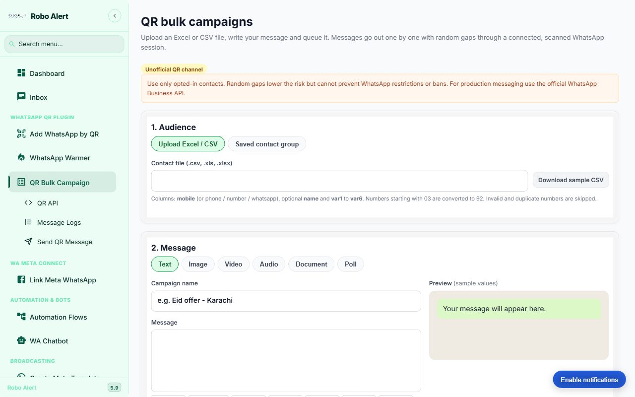 Robo Alert bulk campaign screen